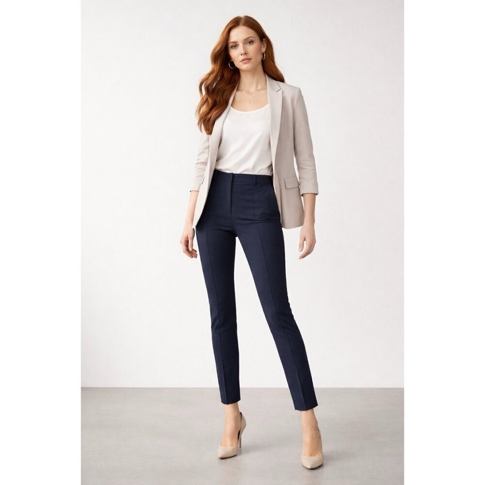 MM LaFleur Womens Curie Pant 8 Petite Navy Blue Powerstretch Skinny Ankle Zip
